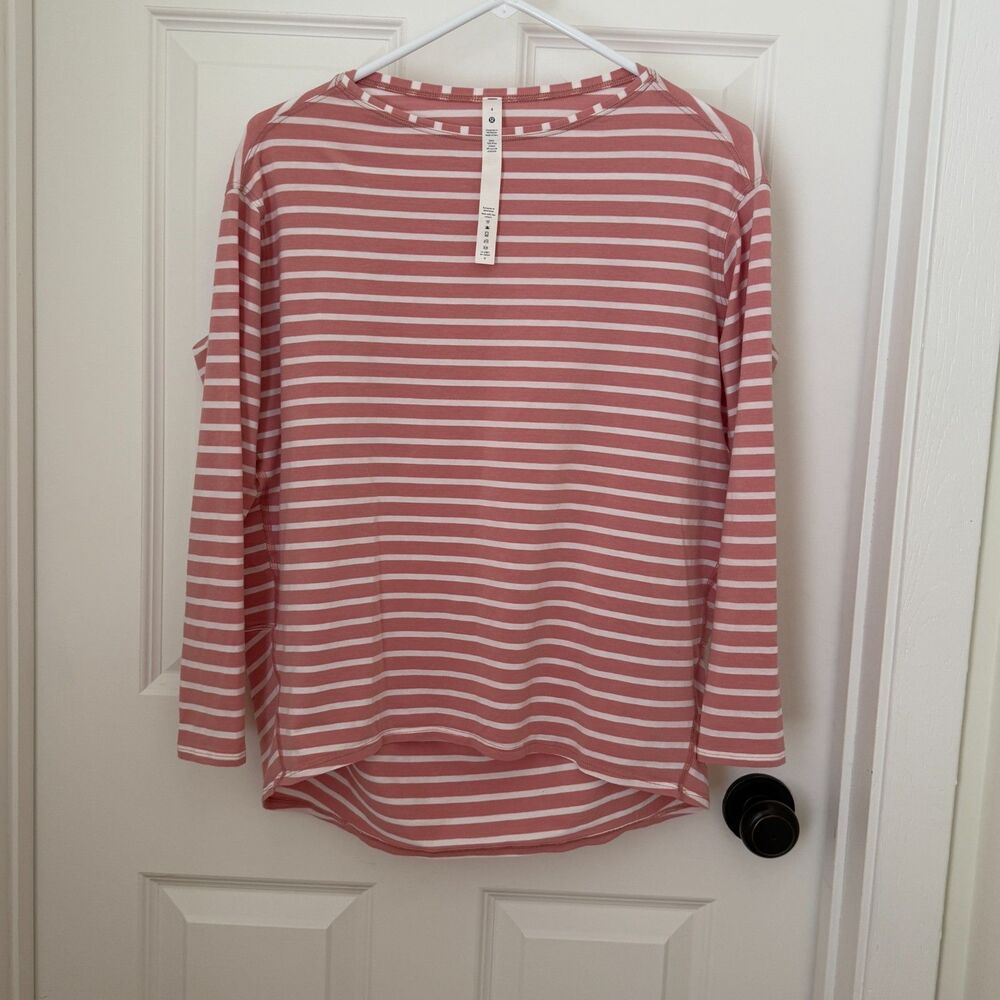 Lululemon Back In Action Long Sleeve Shirt Yachtie Stripe Pink Pastel White Sz 4 - Picture 3 of 8